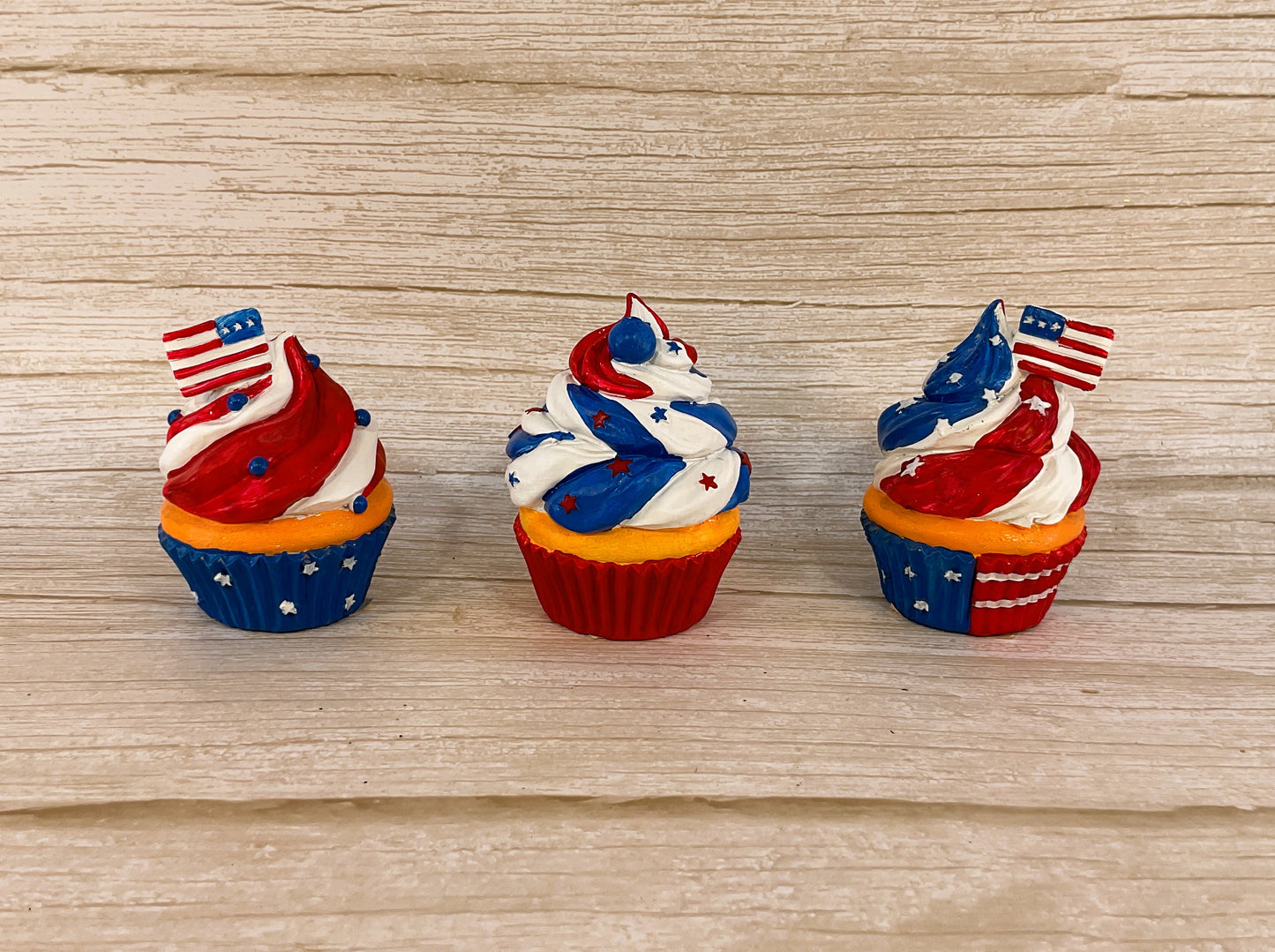 July 4th Patriotic Birthday Cupcake Resin Figurine 3-Piece Set