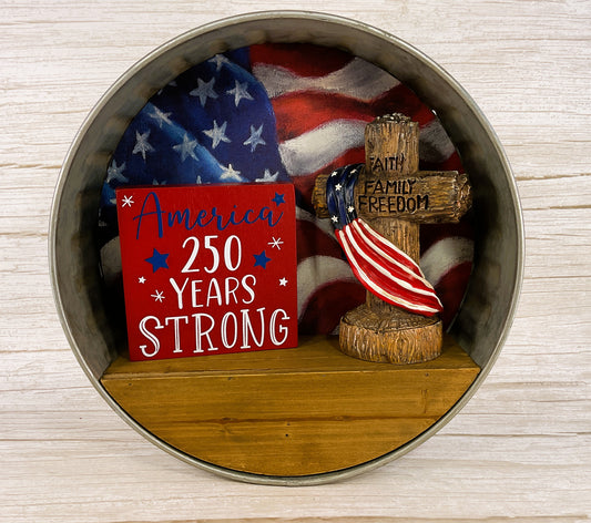 Patriotic Decor - July 4th Resin Lighted Cross Galvanized Shelf 3pc