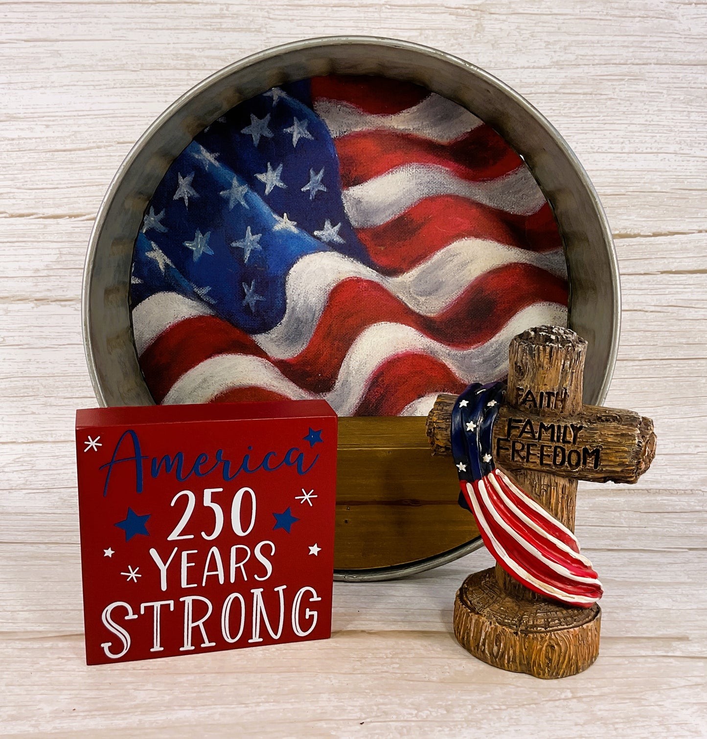 Patriotic Decor - July 4th Resin Lighted Cross Galvanized Shelf 3pc