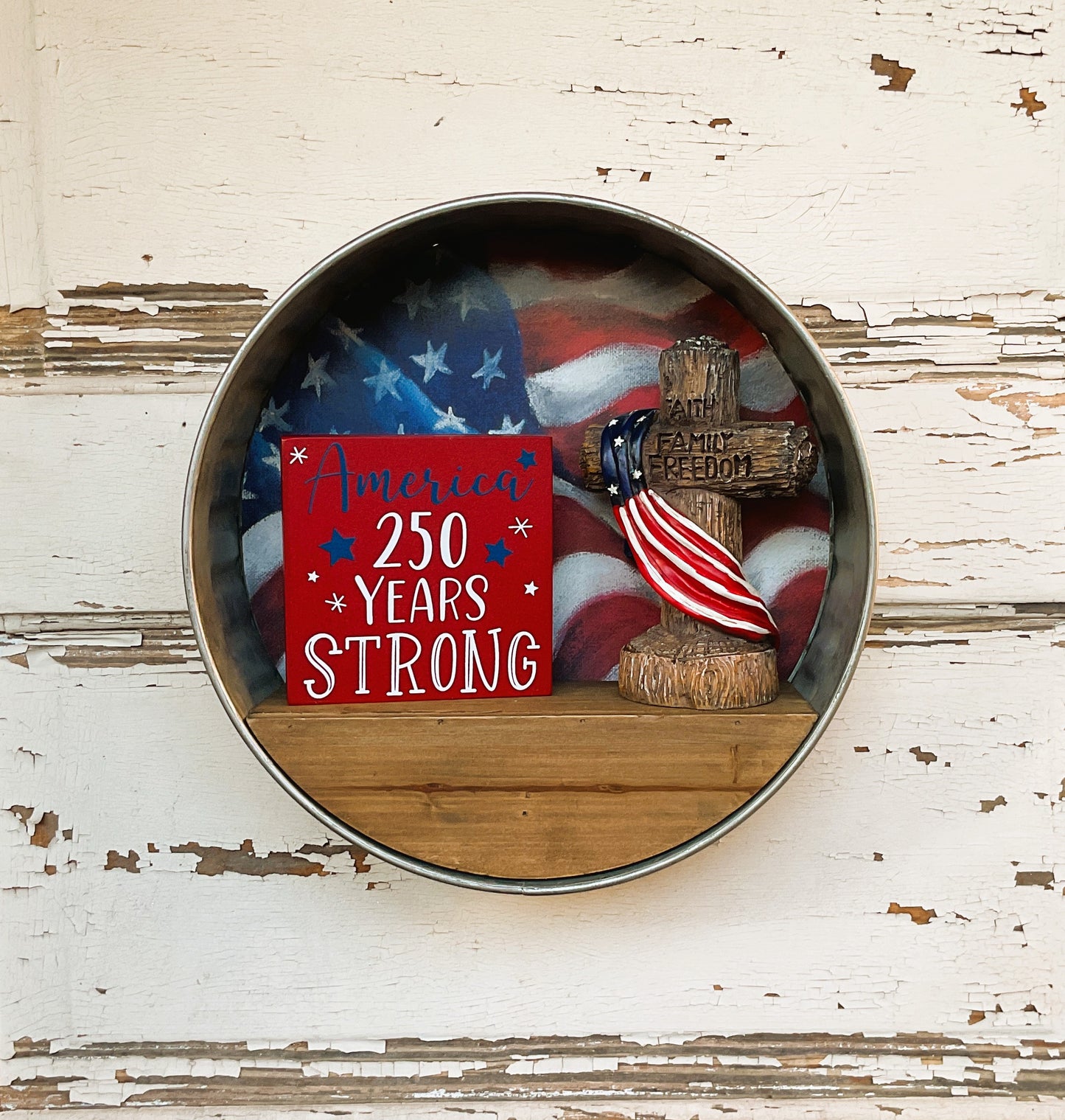 Patriotic Decor - July 4th Resin Lighted Cross Galvanized Shelf 3pc