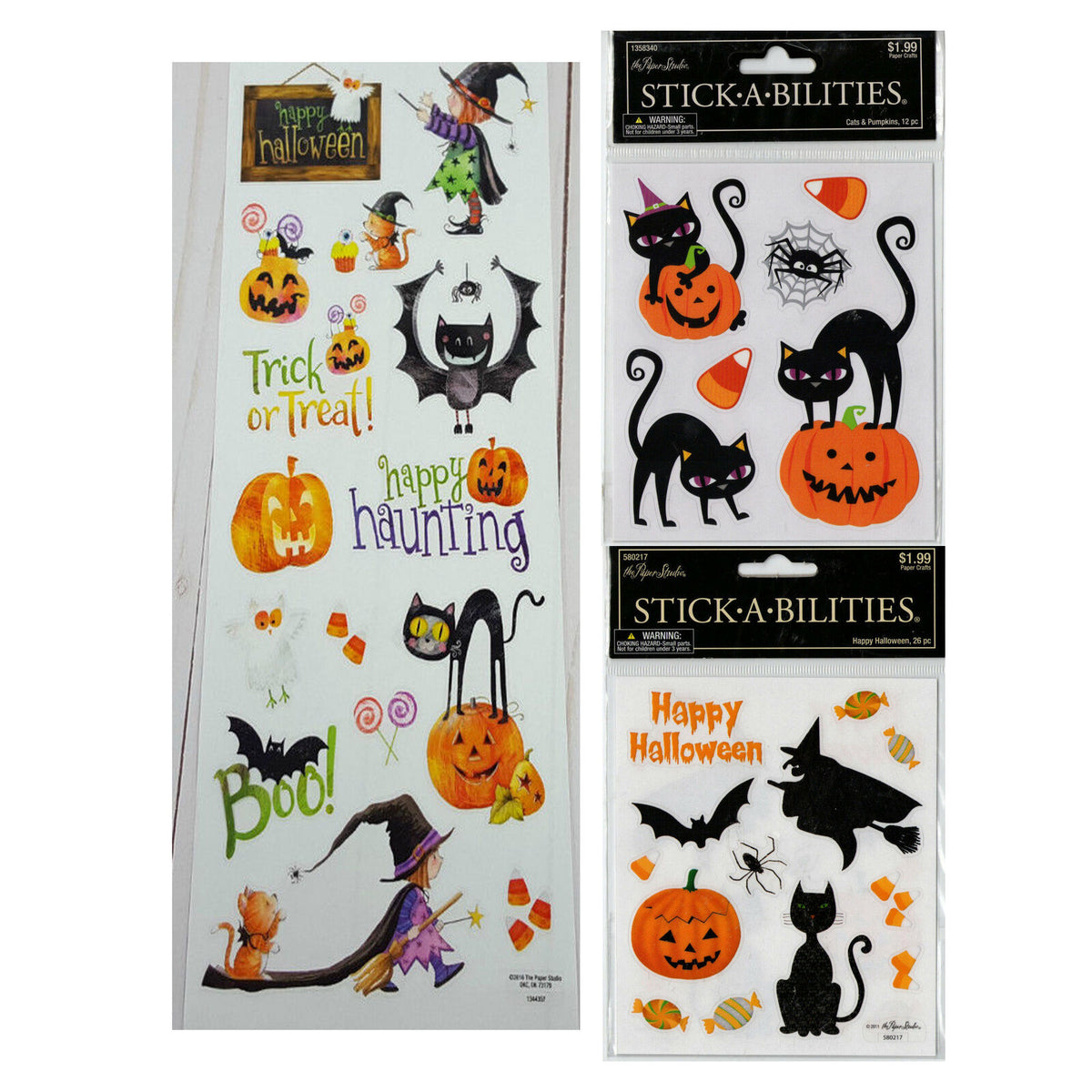HL Halloween Craft Supply - Cats Pumpkins Cute Witch Icons Stickers 3 Sets