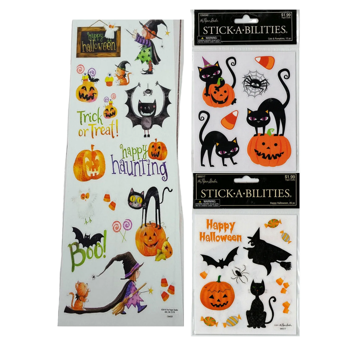 HL Halloween Craft Supply - Cats Pumpkins Cute Witch Icons Stickers 3 Sets