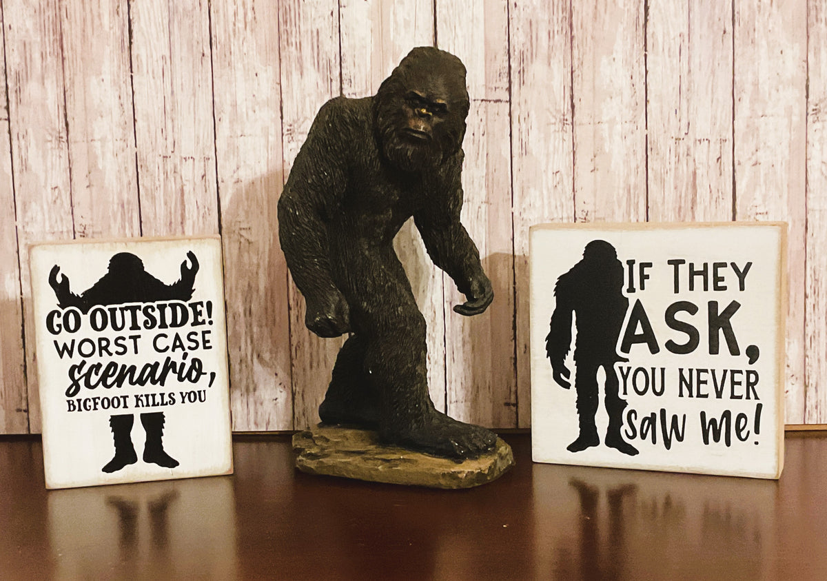 HL Home Decor - Walking Bigfoot Sasquatch Novelty Resin Figurine & Signs 3pc Set