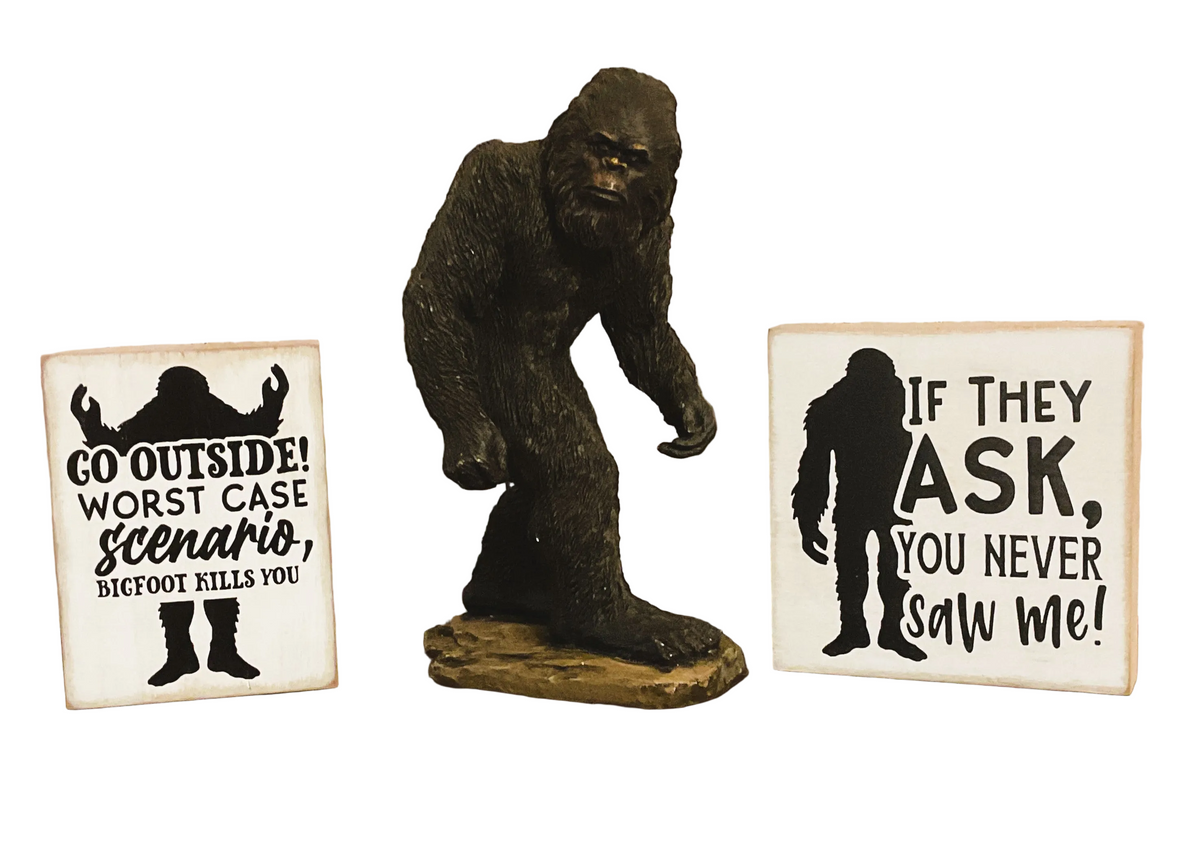 HL Home Decor - Walking Bigfoot Sasquatch Novelty Resin Figurine & Signs 3pc Set