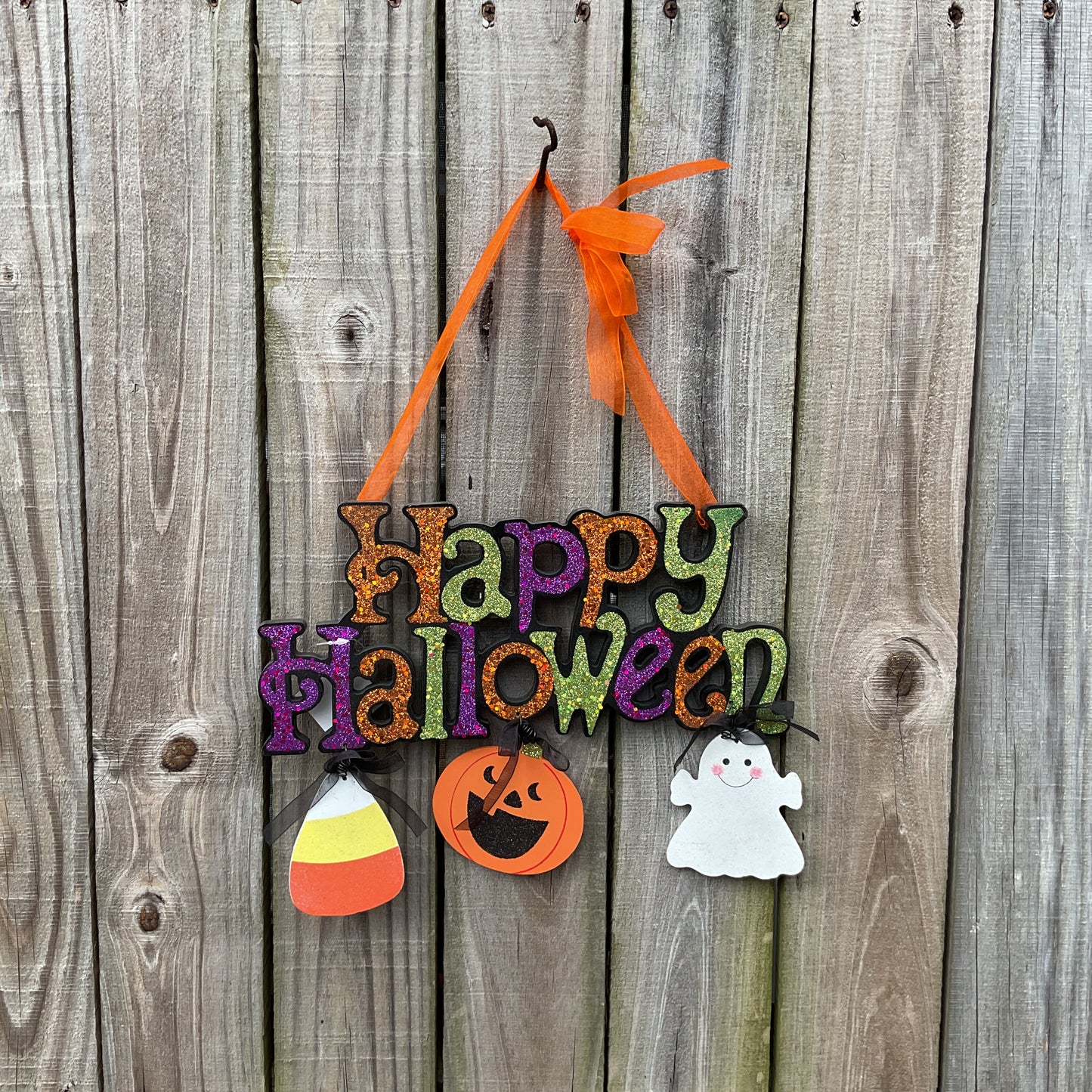 HL Halloween Decor - Happy Orange Purple Green Glitter Chunky Wood Sign