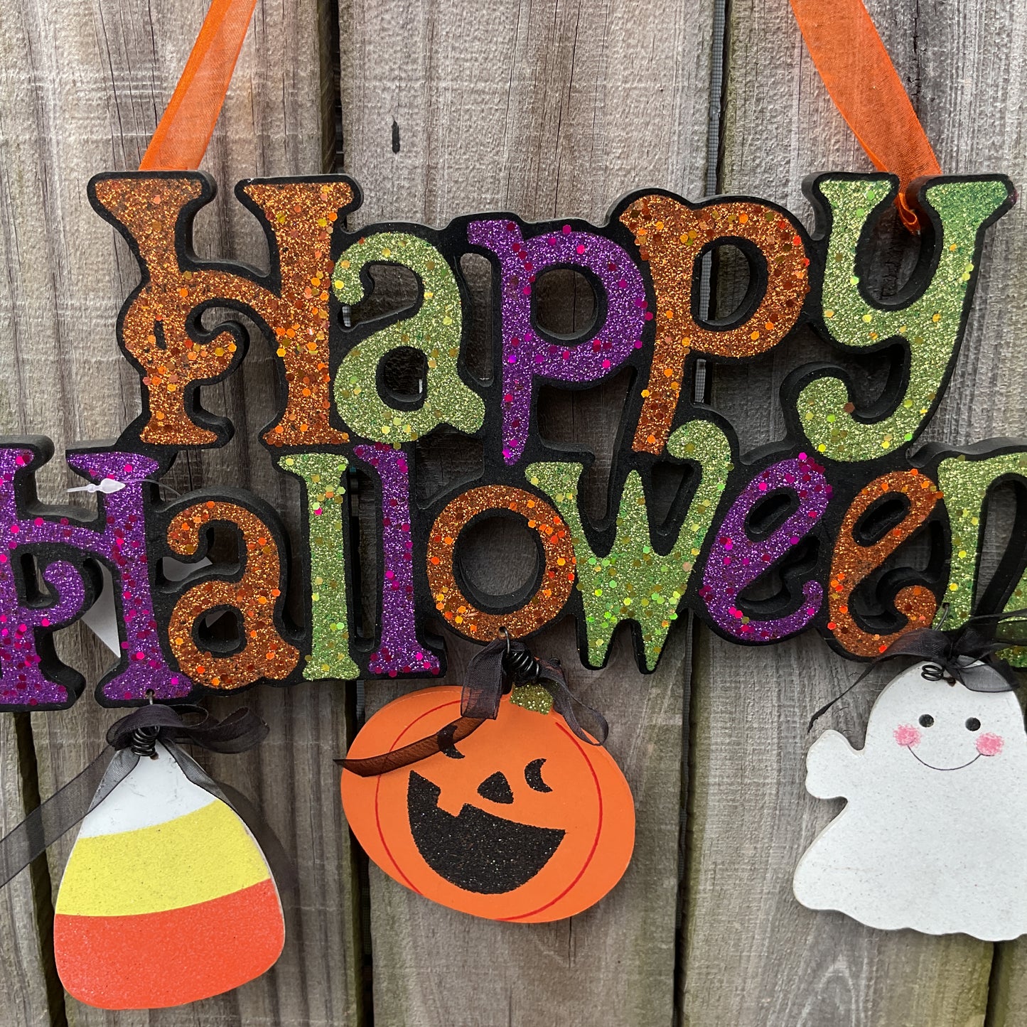 HL Halloween Decor - Happy Orange Purple Green Glitter Chunky Wood Sign