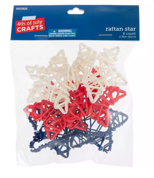 HL Patriotic Decor - Red White Blue Rattan Stars July 4th Bowl Fillers 6pc Set