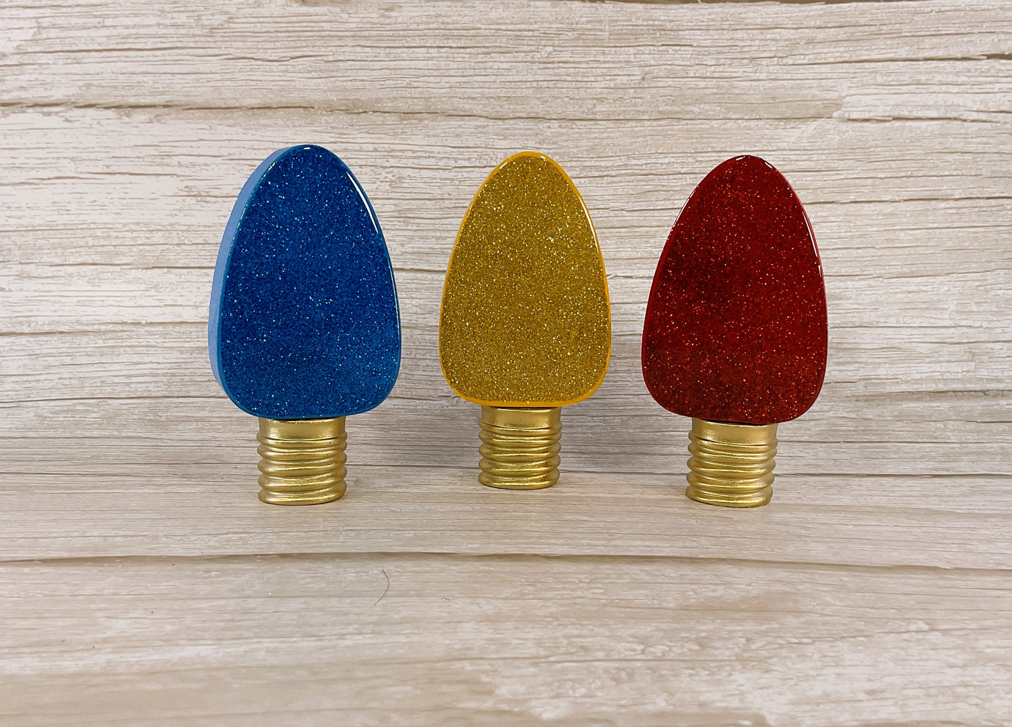 HL Christmas Decor - Glitter Epoxy Light Bulbs Chunky Wood Decor 3pc
