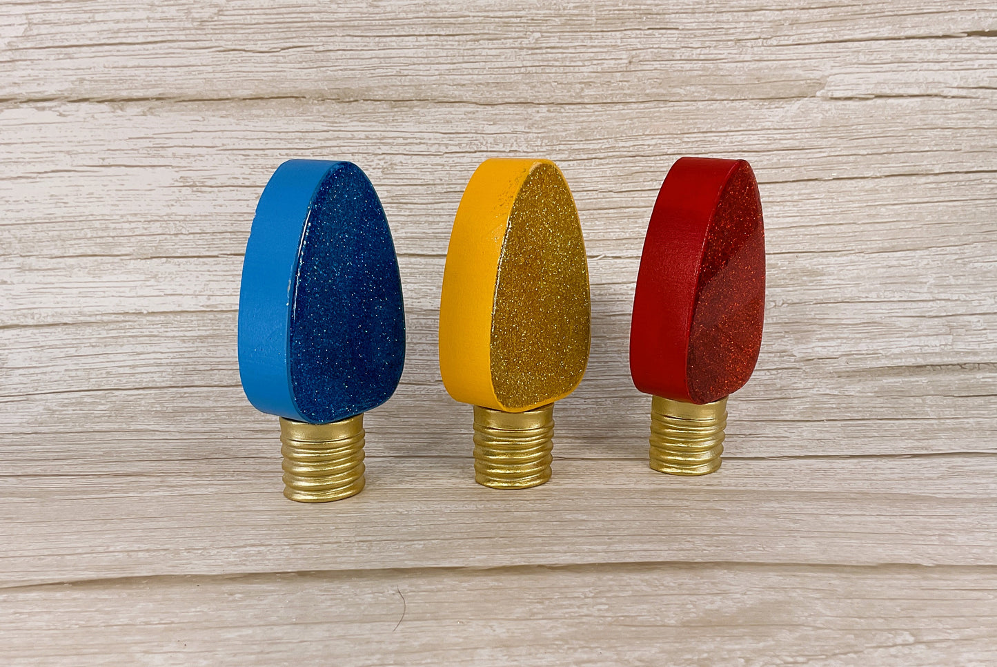 HL Christmas Decor - Glitter Epoxy Light Bulbs Chunky Wood Decor 3pc