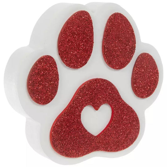 HL Valentine's Decor - Chunky Wood Red Glitter White Puppy Dog Paw Sitter