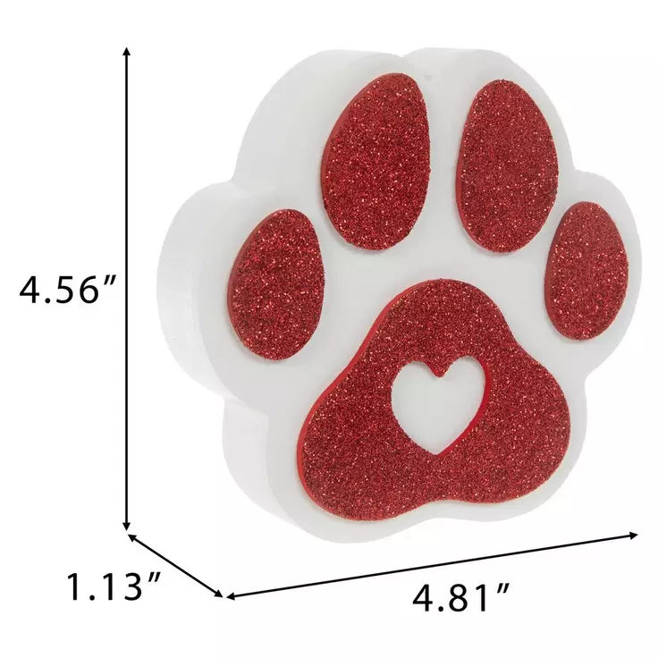 HL Valentine's Decor - Chunky Wood Red Glitter White Puppy Dog Paw Sitter