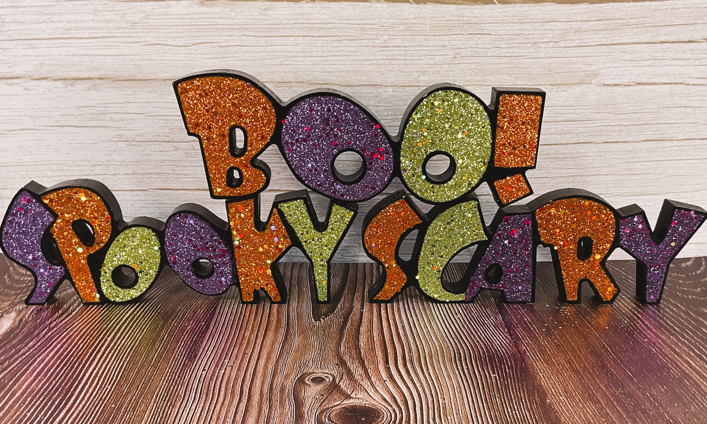 HL Halloween Decor - Spooky Boo Scary Chunky Glitter Words 3pc Set