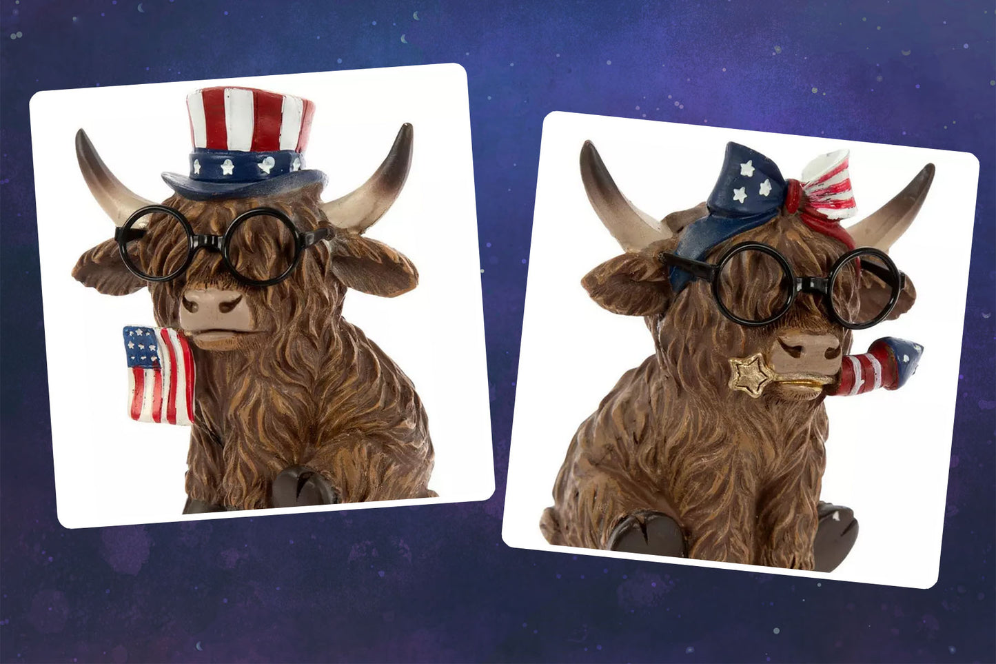 HL Patriotic Decor - July 4th Resin Highland Cow Couple Figurines & Garland 3pc Set