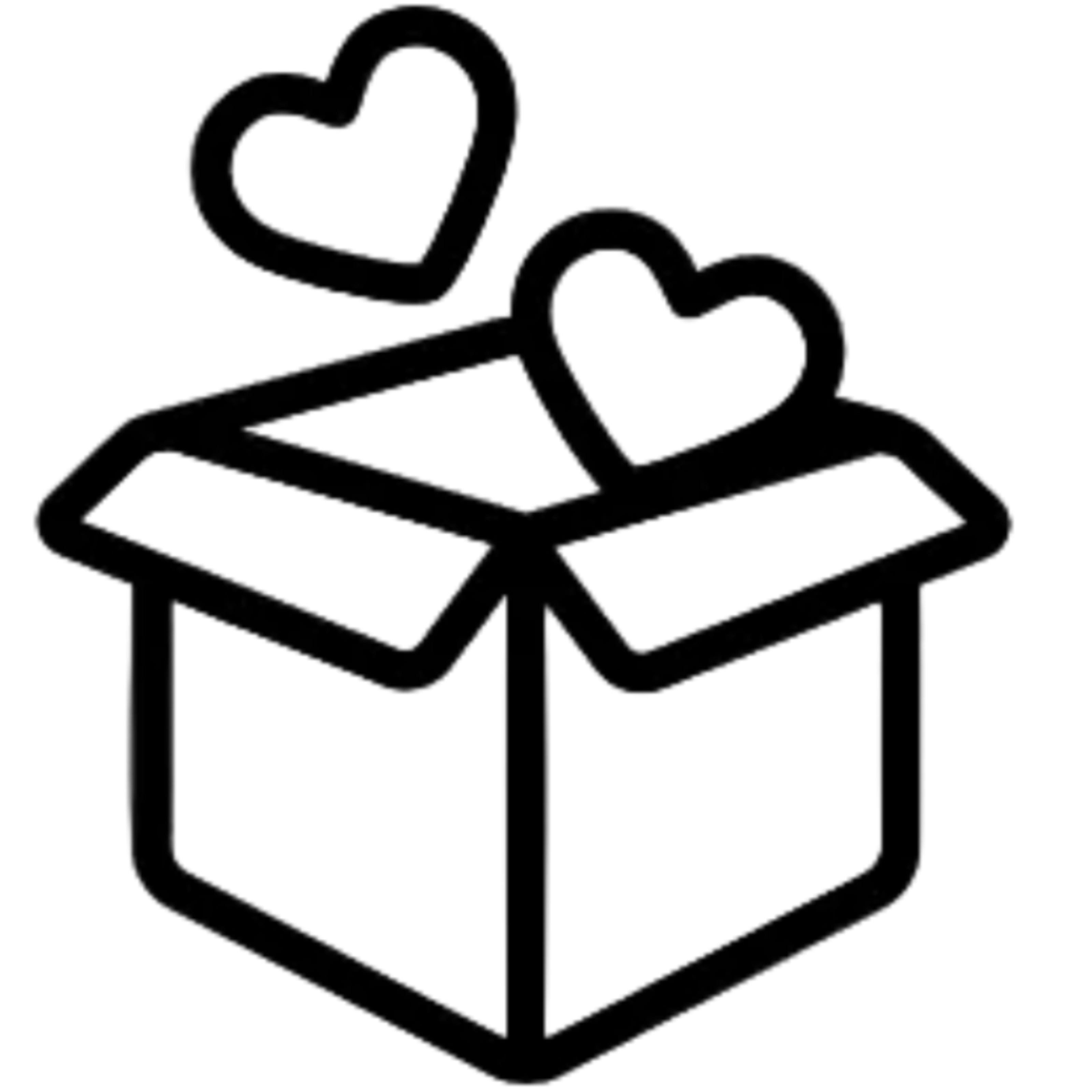 Black outline of a gift box with two hearts on a white background