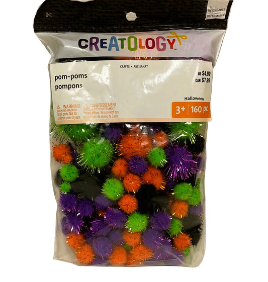 Michaels Halloween Craft Supply - Black Orange Purple Green Pom Poms 160pc bag