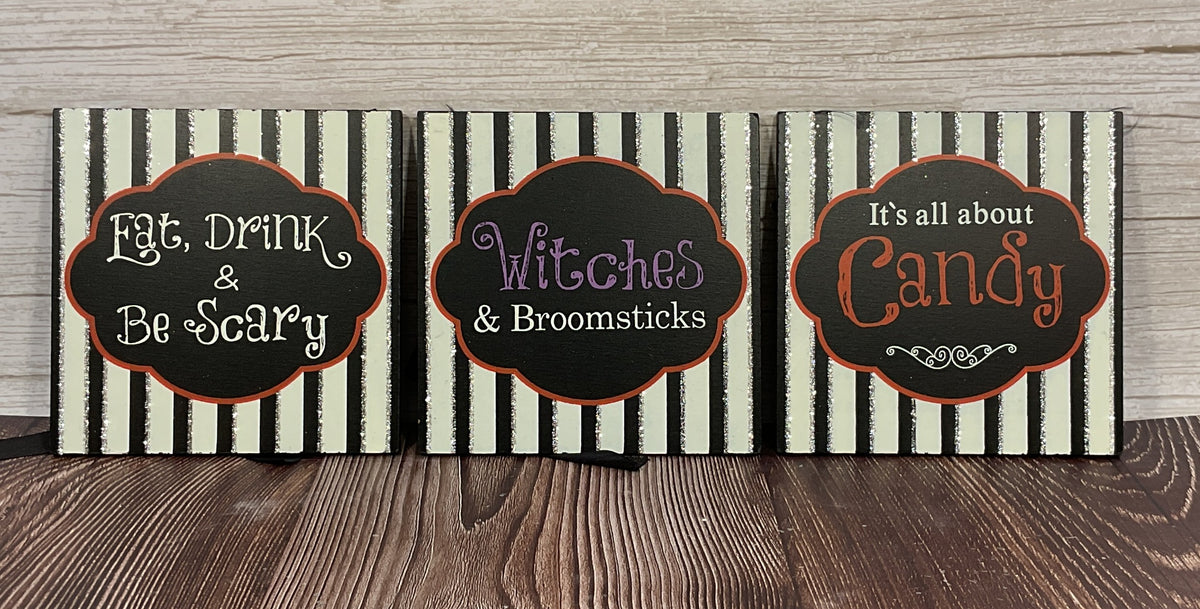 OWI Halloween Decor - Black White Silver Glitter Small Sign Ornaments 3pc Set
