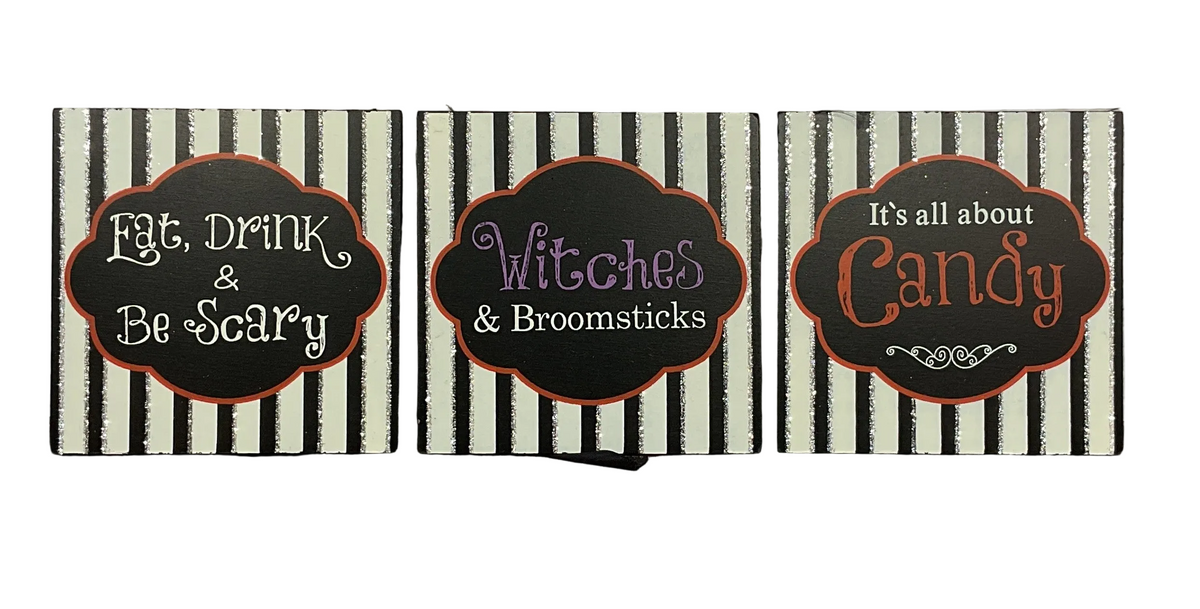 OWI Halloween Decor - Black White Silver Glitter Small Sign Ornaments 3pc Set