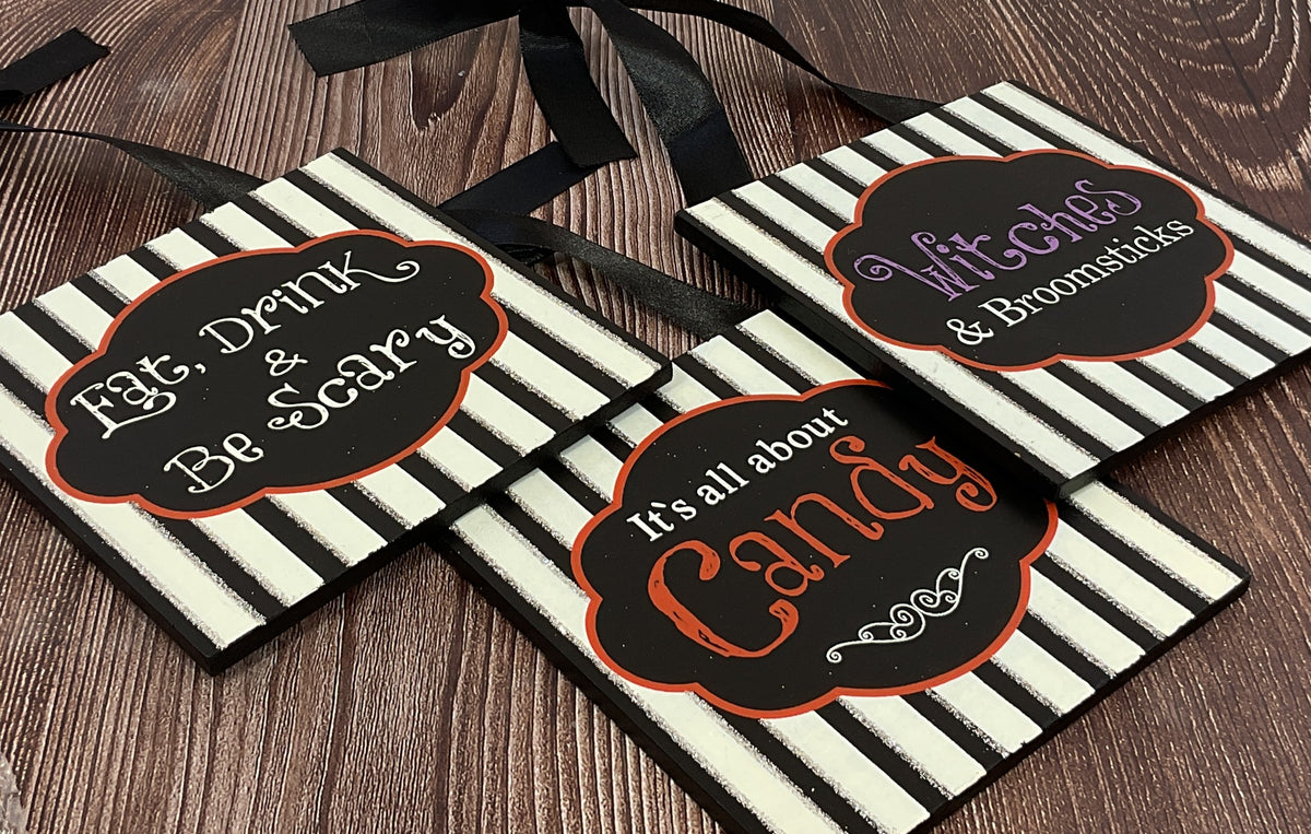 OWI Halloween Decor - Black White Silver Glitter Small Sign Ornaments 3pc Set