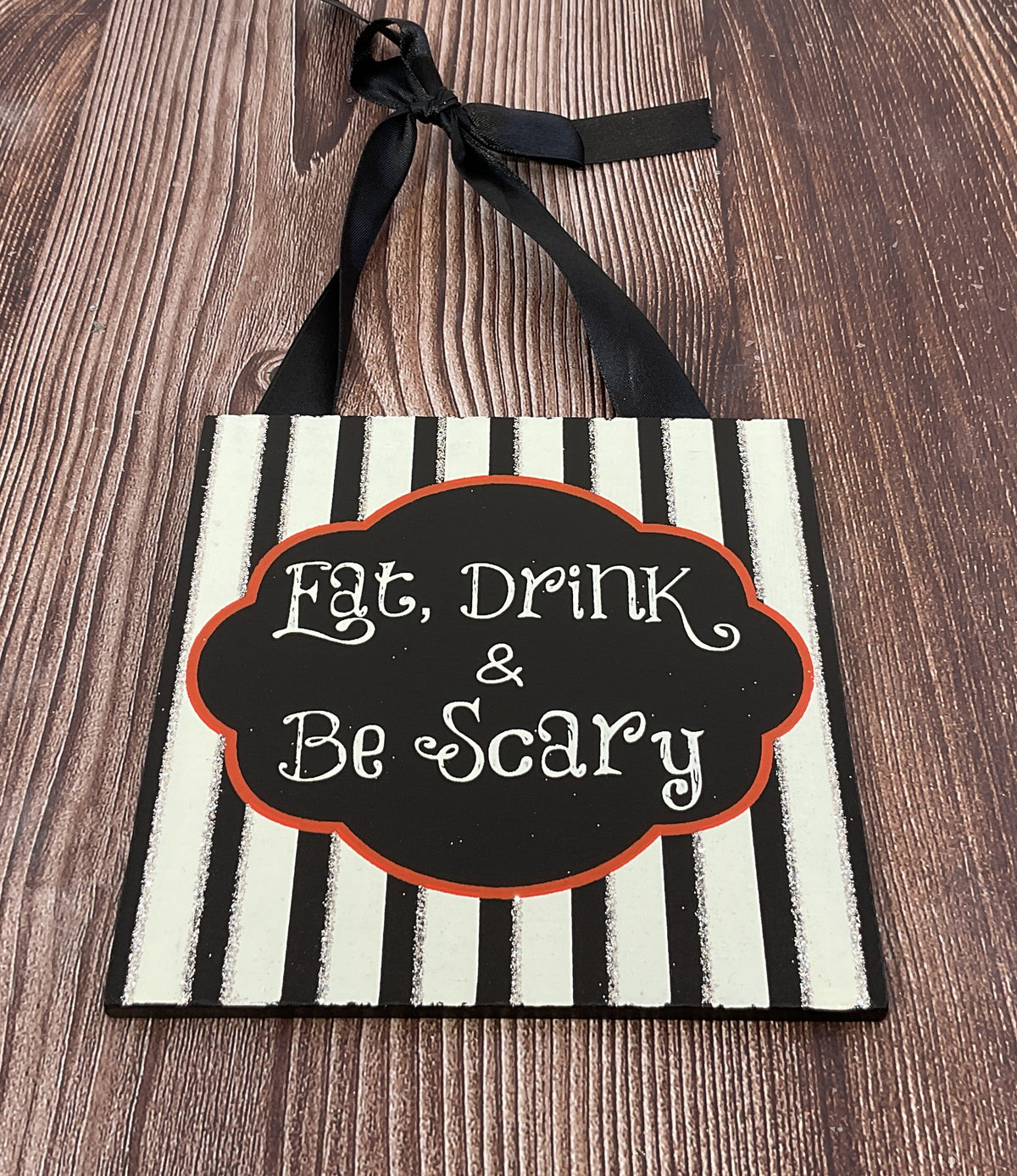 OWI Halloween Decor - Black White Silver Glitter Small Sign Ornaments 3pc Set