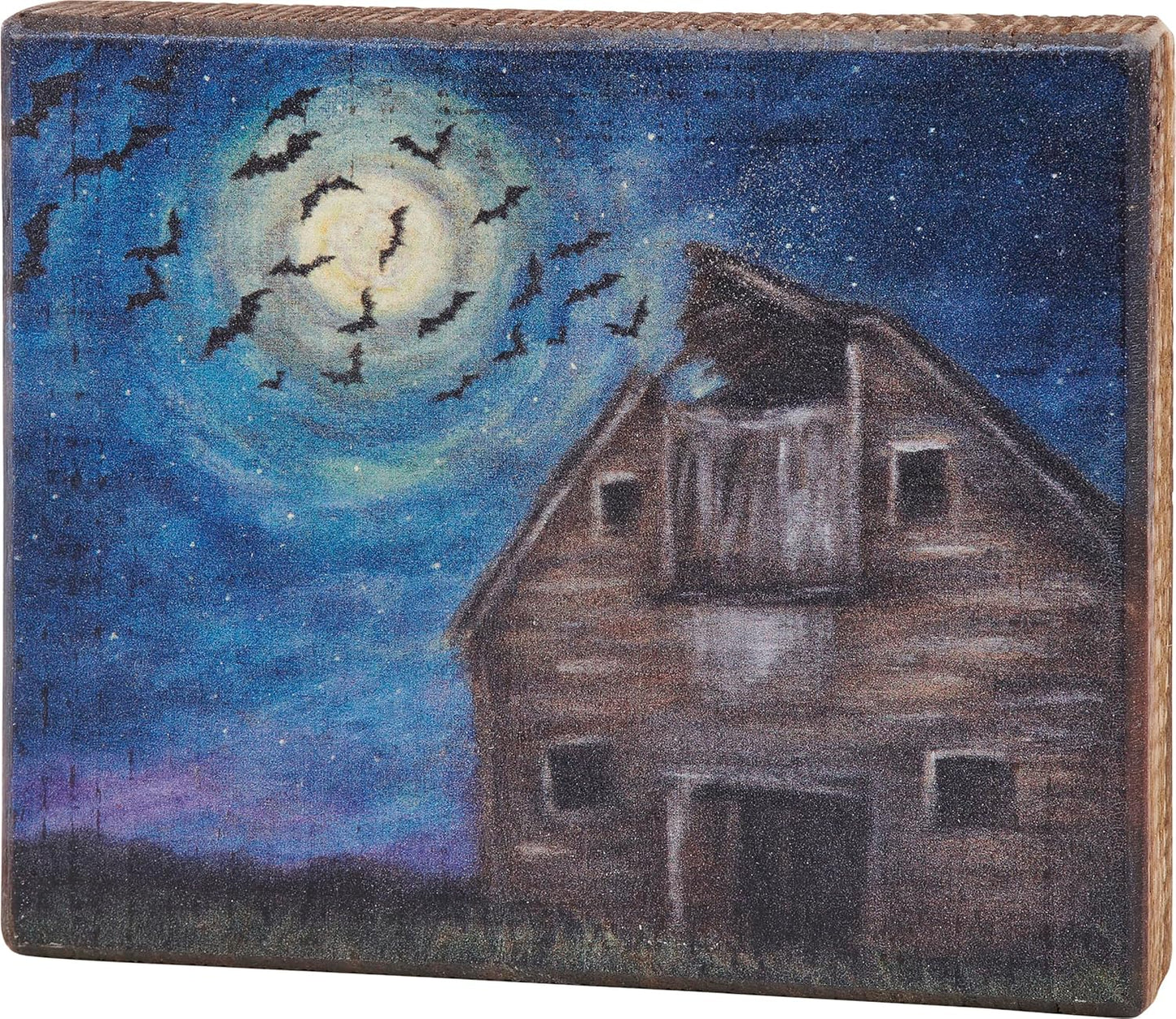 PBK Halloween Decor - Midnight Haunted Barn Bats Block Sign