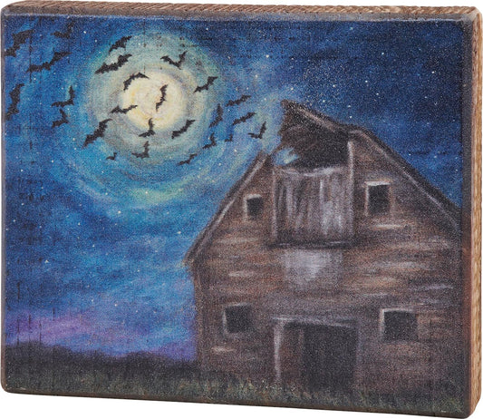 PBK Halloween Decor - Midnight Haunted Barn Bats Block Sign