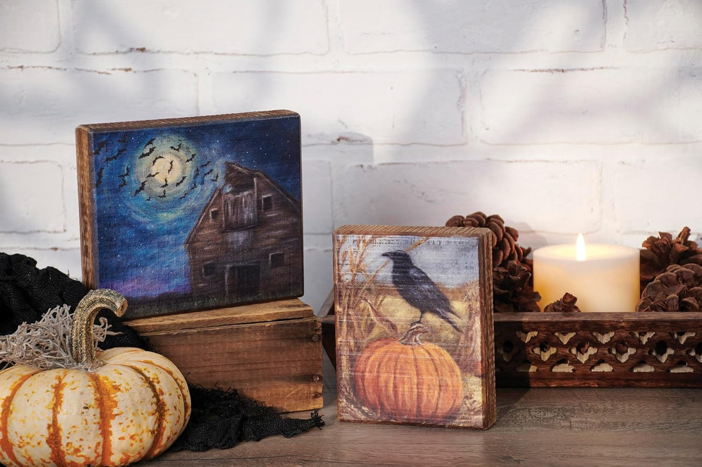 PBK Halloween Decor - Midnight Haunted Barn Bats Block Sign