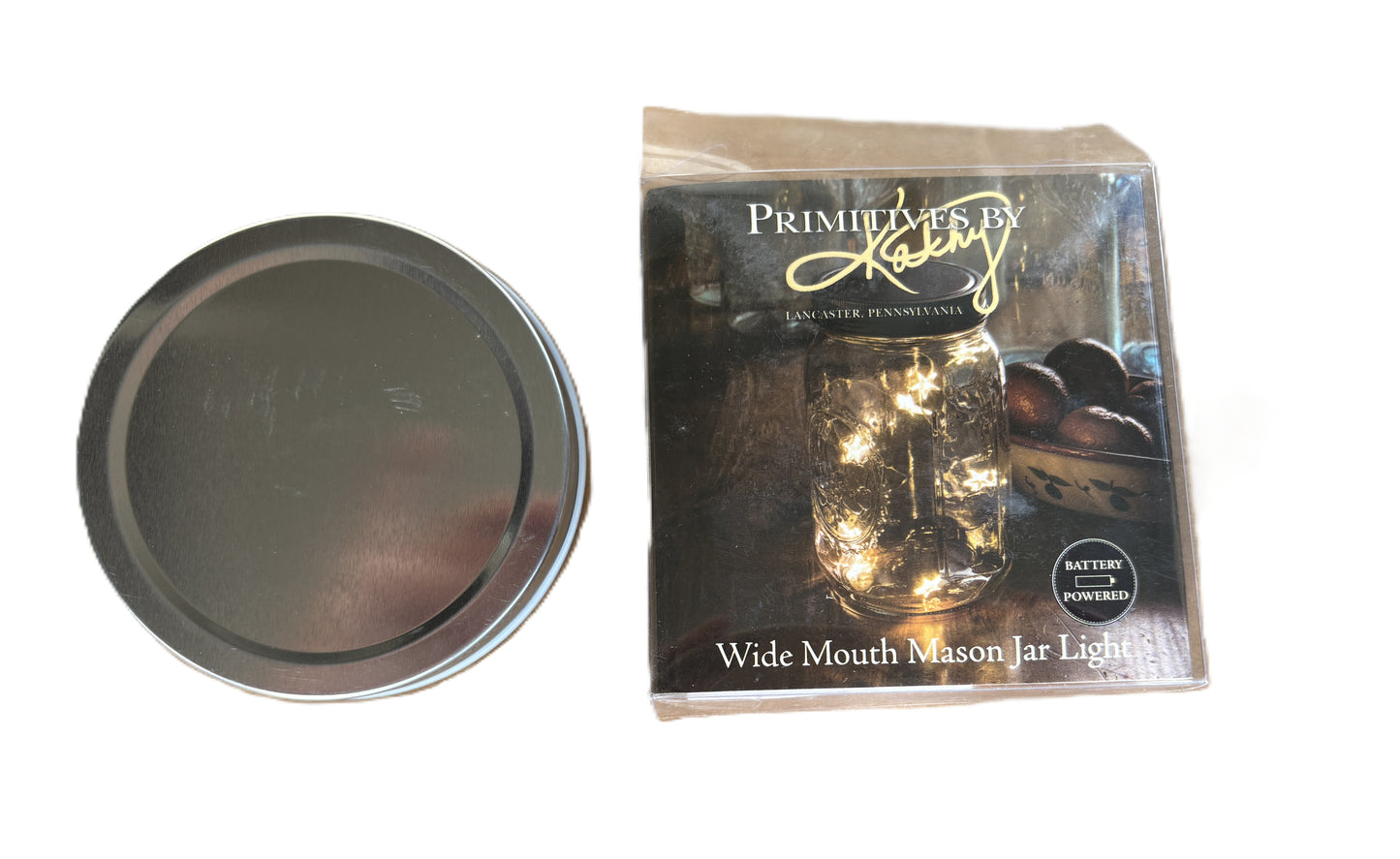 PBK Home DIY Decor - Wide Mouth Mason Jar SILVER Lid with String Lights - Battery Operated