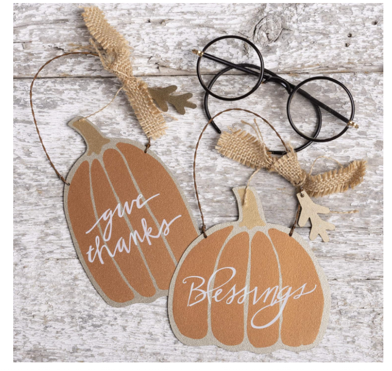 PBK Fall Thanksgiving Decor - Give Thanks Blessings Tin Pumpkin Ornaments #31658