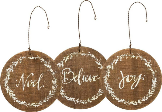 Christmas Decor - Wood Barn Noel Joy Believe Ornament 3pc.