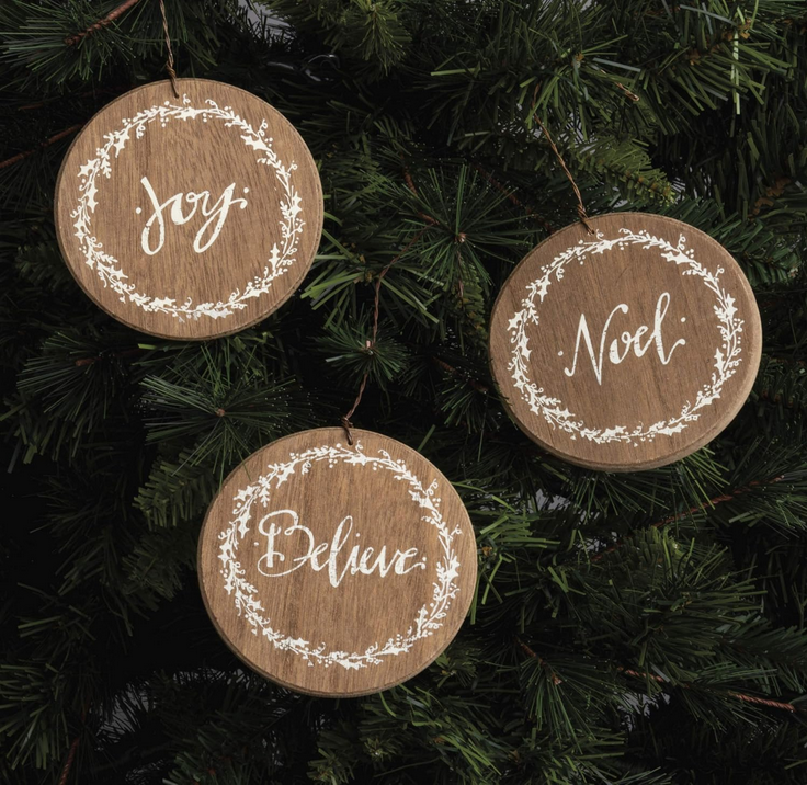 Christmas Decor - Wood Barn Noel Joy Believe Ornament 3pc.