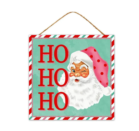 CO Christmas Decor - Retro Pink Ho Ho Ho Santa MDF Wood Door Wreath Sign 10-inch