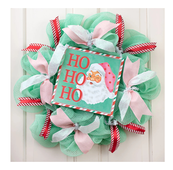 CO Christmas Decor - Retro Pink Ho Ho Ho Santa MDF Wood Door Wreath Sign 10-inch