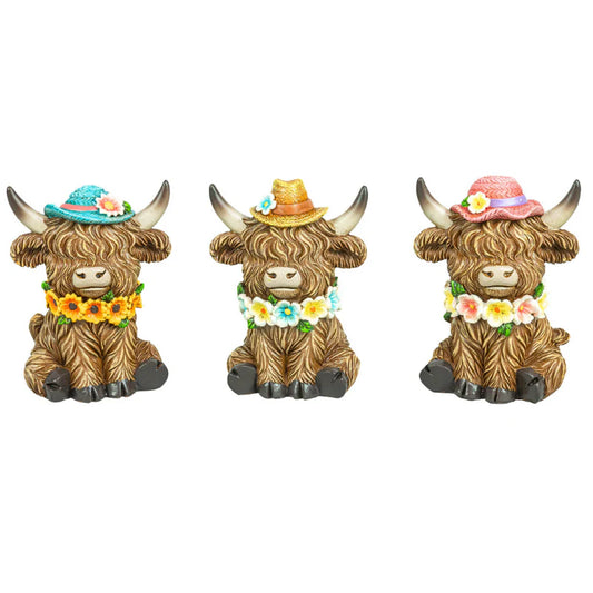 Gerson Spring Decor - Resin Highland Cow Flowers & Hats Figurine 4pc Set