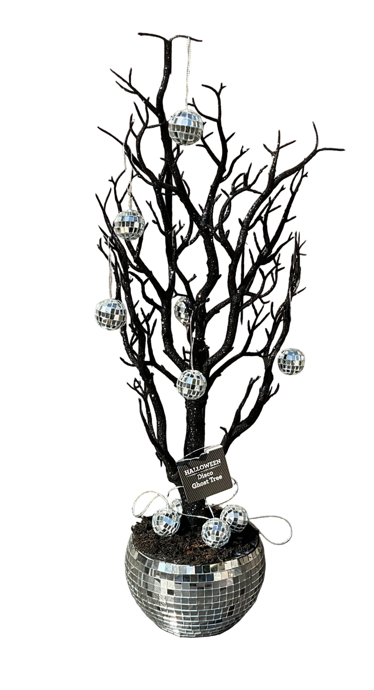 WMHL Halloween Decor - Spooky Black Glitter Ghost Tree in Disco Ball Base & Ornaments