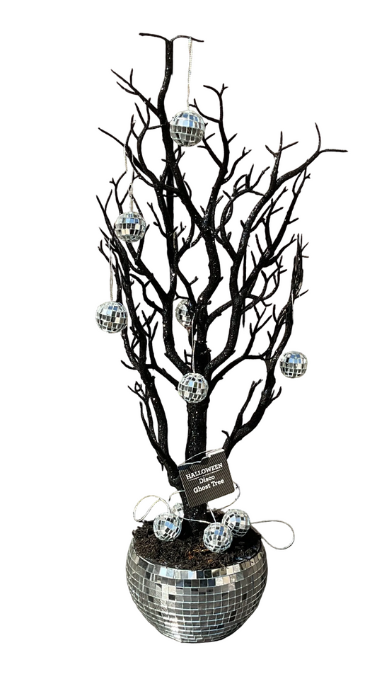 WMHL Halloween Decor - Spooky Black Glitter Ghost Tree in Disco Ball Base & Ornaments