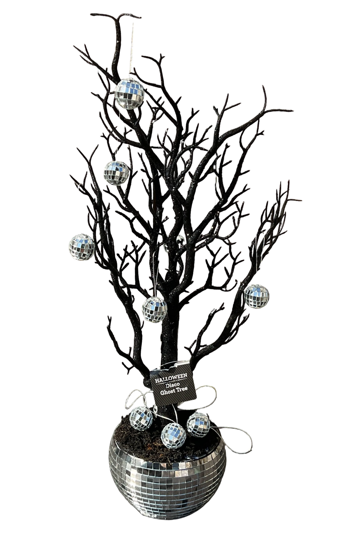 WMHL Halloween Decor - Spooky Black Glitter Ghost Tree in Disco Ball Base & Ornaments