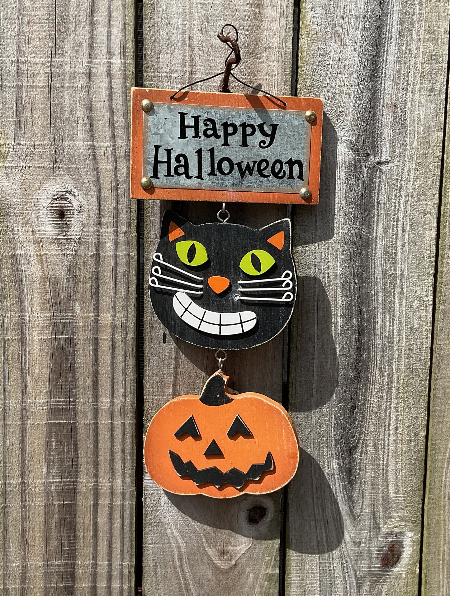 HL Halloween Decor - Primitive Happy Chunky Wood Cat Pumpkin Sign