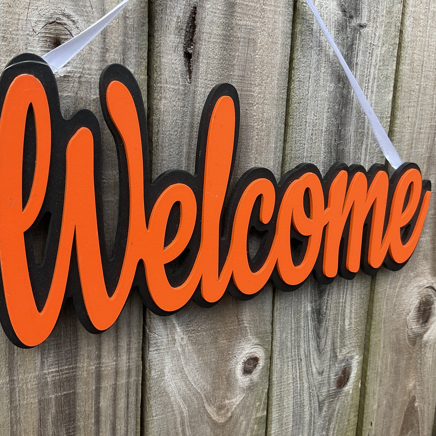 WM Halloween Decor - Welcome Black Orange Chunky Word Wreath Wall Sign