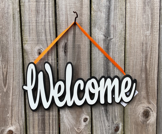 WM Halloween Decor - Welcome Black White Chunky Word Wreath Wall Sign