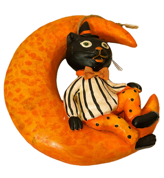Young's Halloween Decor - Vintage Cat on Moon Resin Hanging Wall Sign