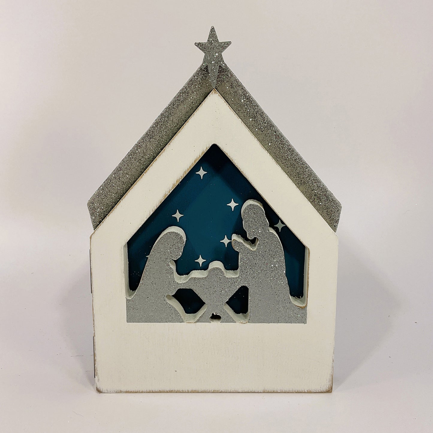 Youngs Christmas Decor - Blue Silver Nativity Theme Silhouette Sign