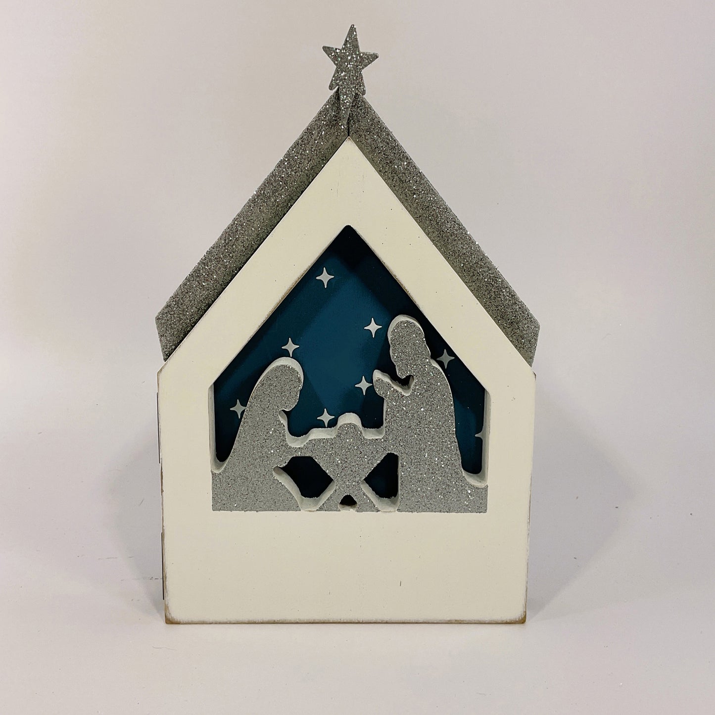 Youngs Christmas Decor - Blue Silver Nativity Theme Silhouette Sign