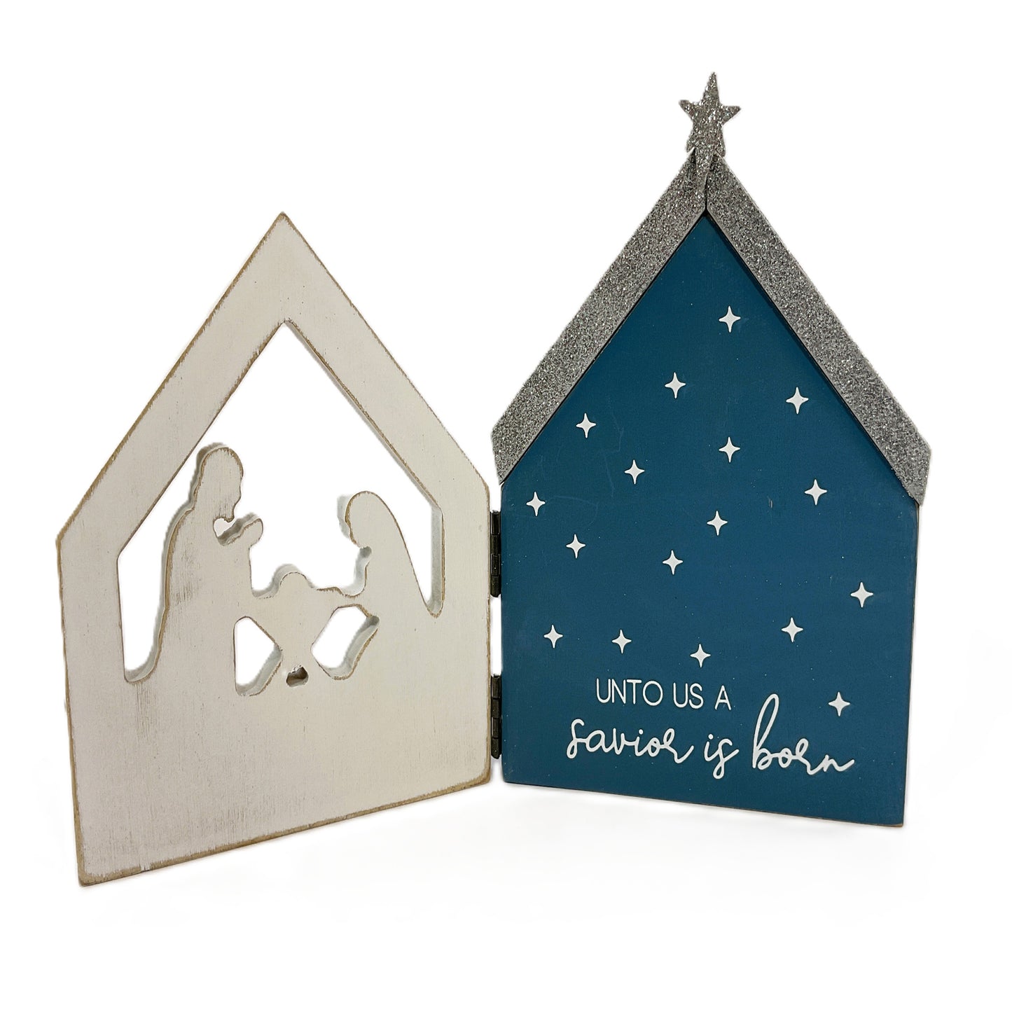 Youngs Christmas Decor - Blue Silver Nativity Theme Silhouette Sign