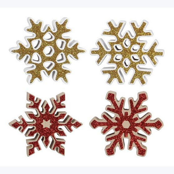 YI Christmas Decor - Chunky Wood and Glitter Snowflakes 4pc Set