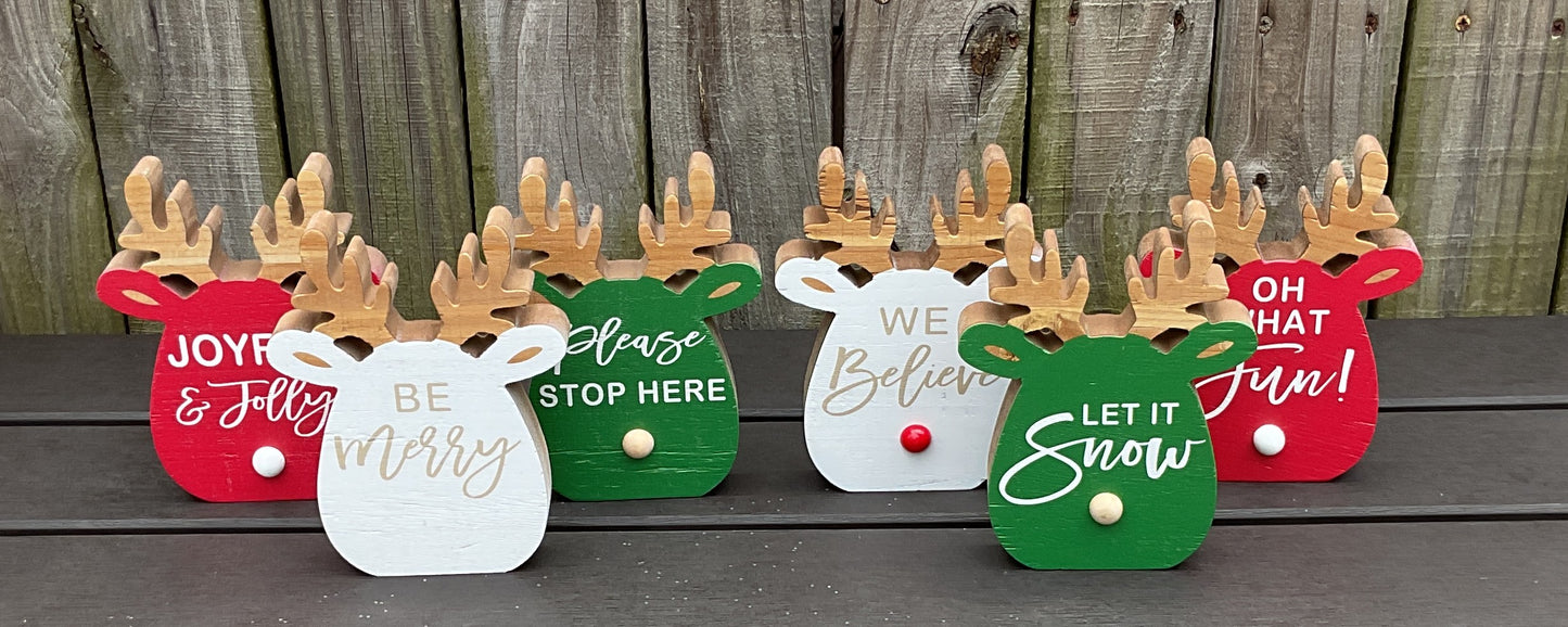 YI Christmas Decor - Whimsy Reindeer Head Chunky Wood Sitter