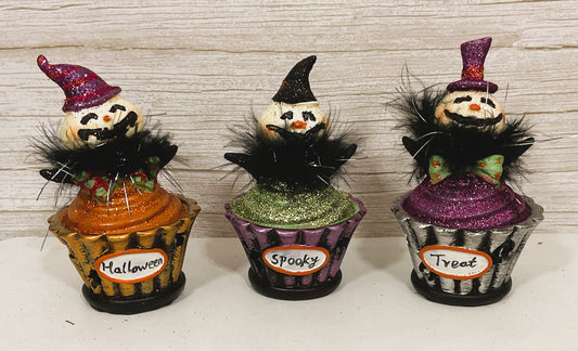 Youngs Halloween Decor  - Lighted Resin Clown Ghost Cupcakes 3pc