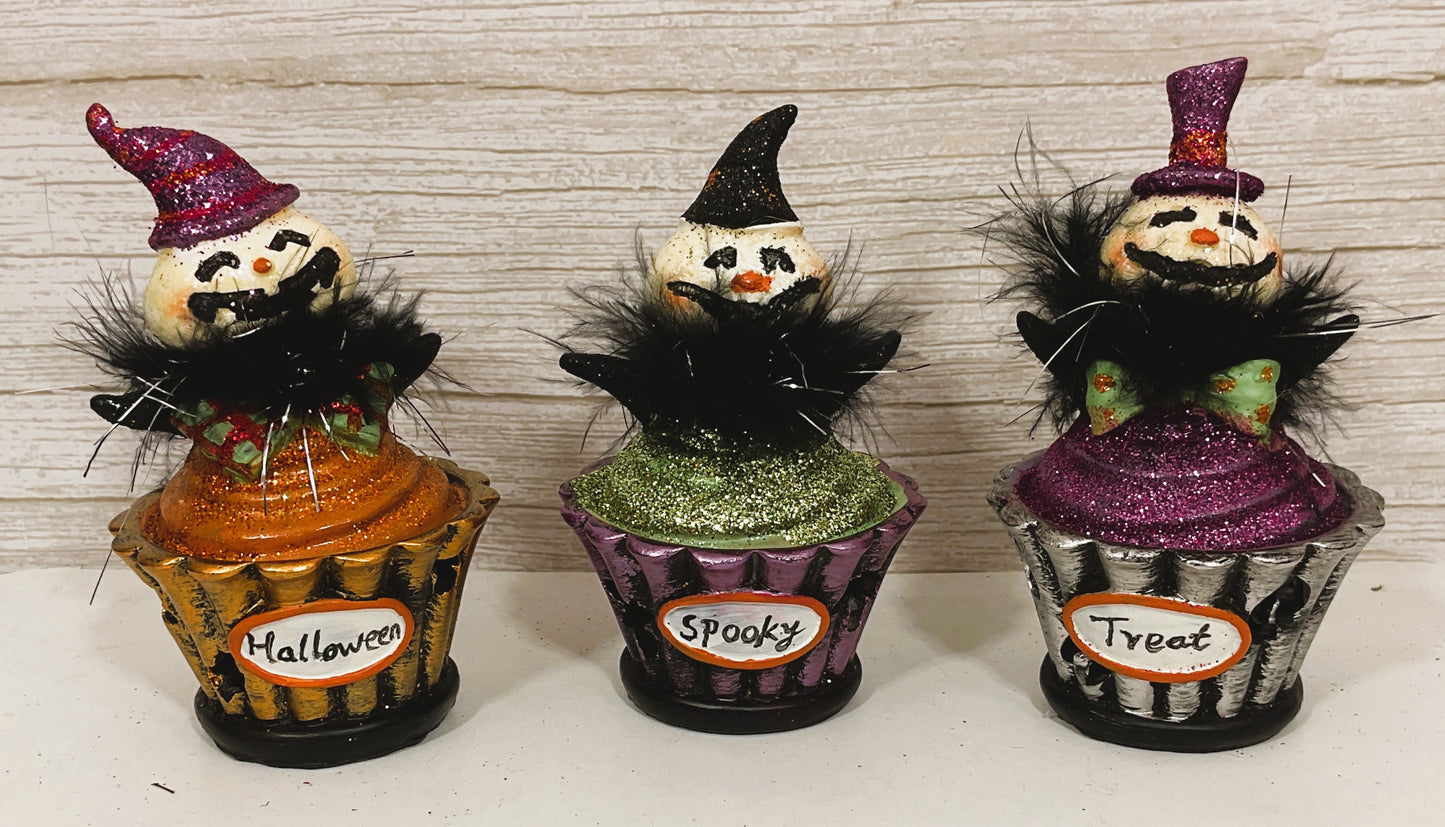 Youngs Halloween Decor  - Lighted Resin Clown Ghost Cupcakes 3pc
