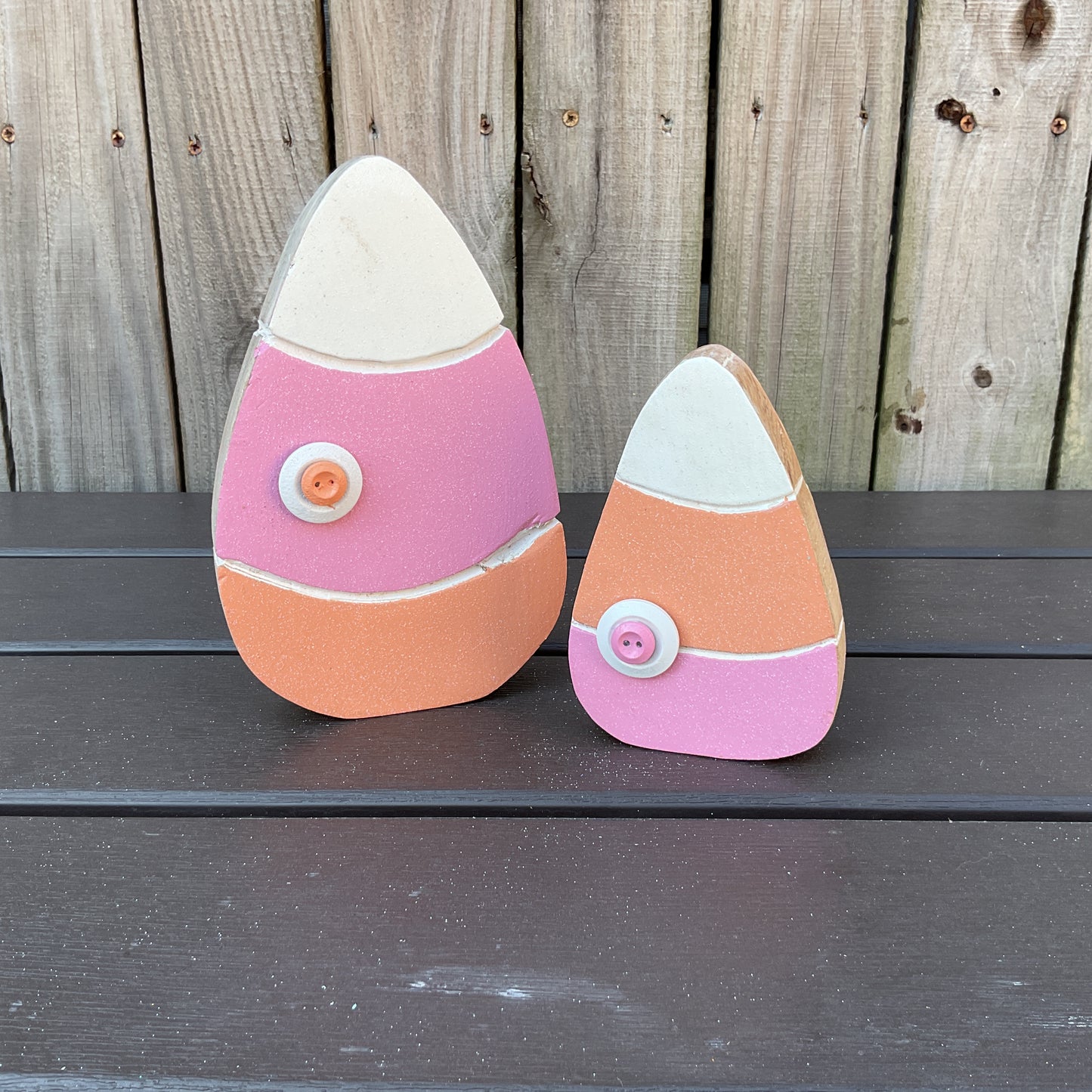 AGD Halloween Decor - Pastel Pink Orange Chunky Wood Candy Corn Sitters 2pc Set