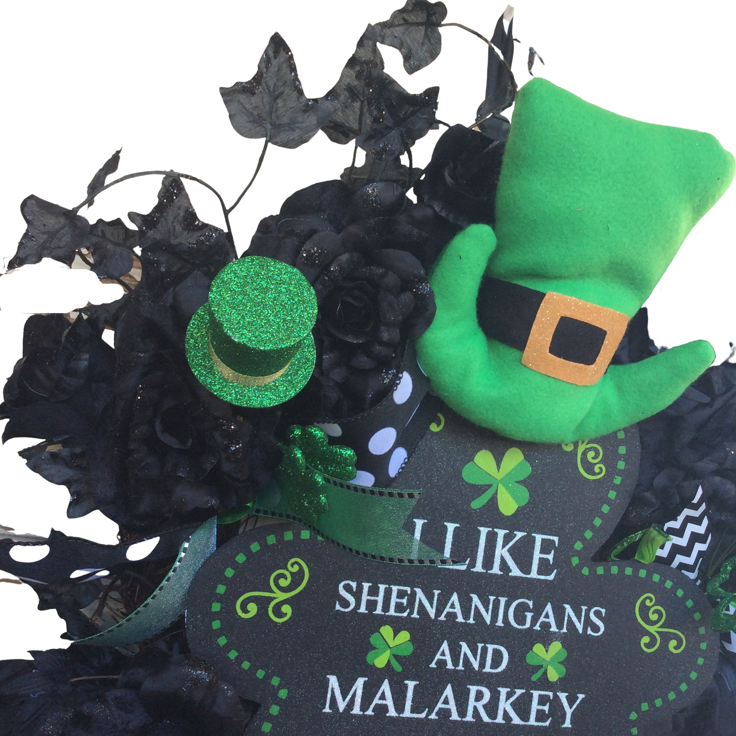 AGD St Patricks Decor - Black Rose Leprechaun Shenanigan Wreath