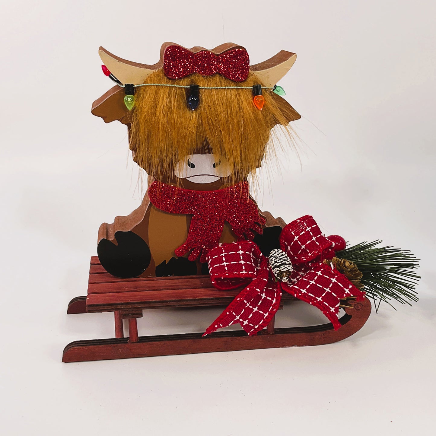 AGSD Christmas Decor - Chunky Wood Highland Cow Reindeer and Sleds 2pc